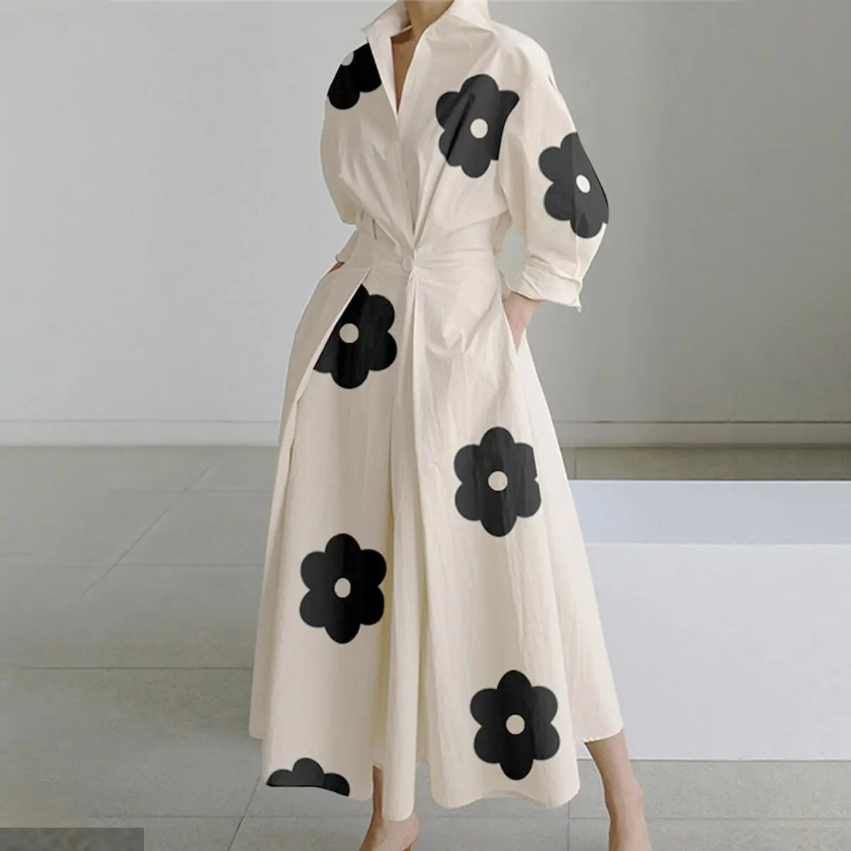 Women's Boho Floral Casual Midi Dress dresses Women Summer- Cotton-Polyester Fabric, Contrast Butterfly Print, Pleated Mock Neck, Elastic Back Waist, Pockets, Zipper, Stylish Women's Wear for Daily Casual Use, Boho Floral Dress