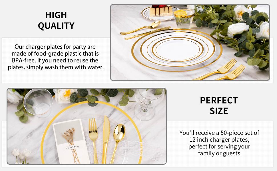 Goodluck 12 Inch Gold Rim Charger Plates 50 Pack Clear Plastic Disposable Plates for Dinner Wedding Party Christmas Anniversary Birthday Eco-Friendly & Sturdy - Ceremony