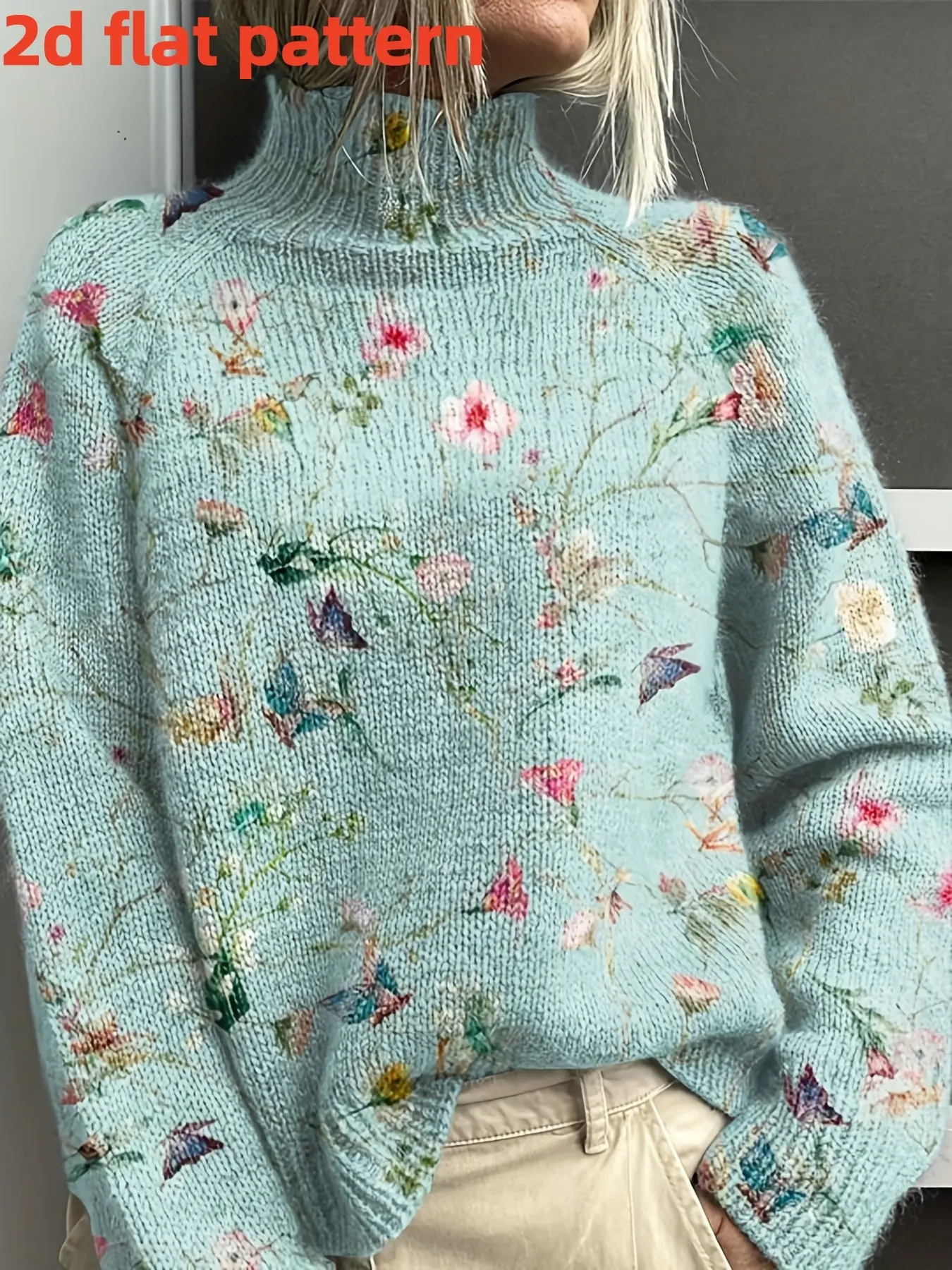 Women's High Neck Long Sleeve Knit Sweater, Floral Pattern Digital Print, Fashionable Fall Winter Top, Versatile Pullover for Ladies