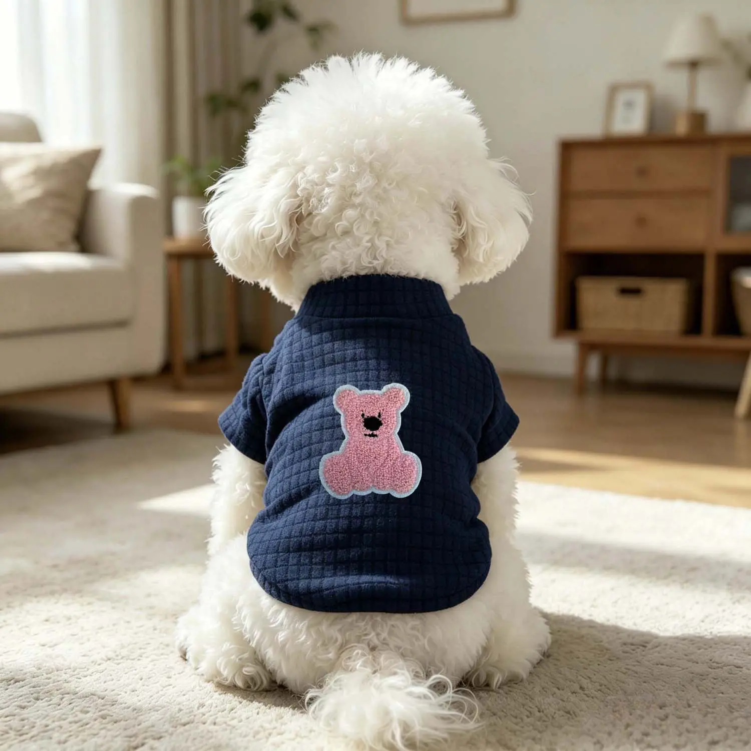Navy Blue Waffle Knit Dog Shirt - Pink Bear Embroidery Back Design Pet Clothes for Small Breeds