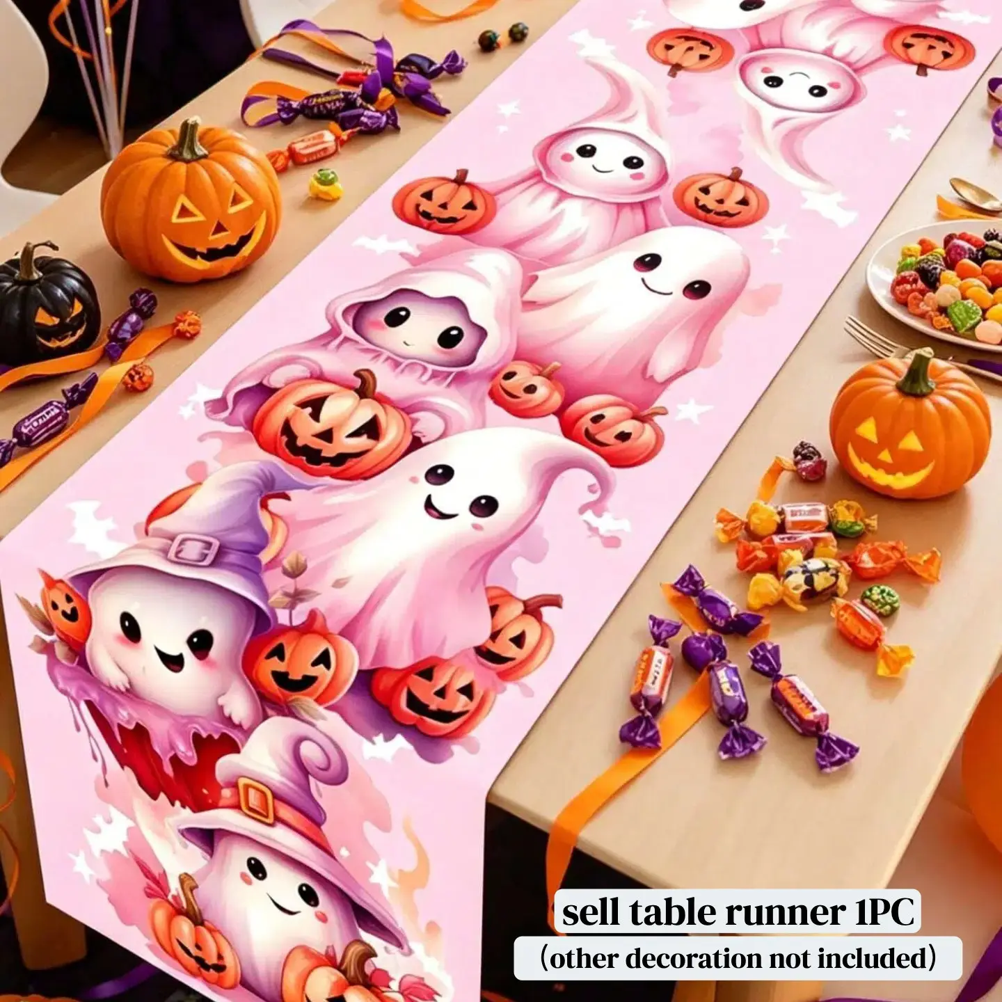 1pc Halloween Decoration, Happy Halloween Decoration, Halloween Tablecloth, Pink Ghost Pumpkin Pattern Tablecloth Decoration, 2026 Halloween Party Supplies, Halloween Table Decoration, Halloween Home Decor, Christmas New Year Decoration