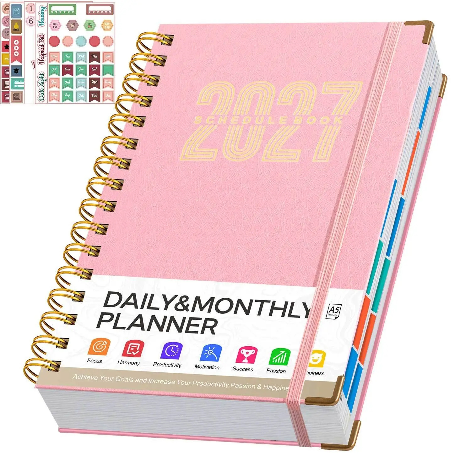 2027 Hardcover Planner Set, Productivity Planner, with 1 spiral-bound notebook and 5 planning stickers for organizing study, work and daily schedules, ideal for students, offices and business professionals for agenda planning, task management
