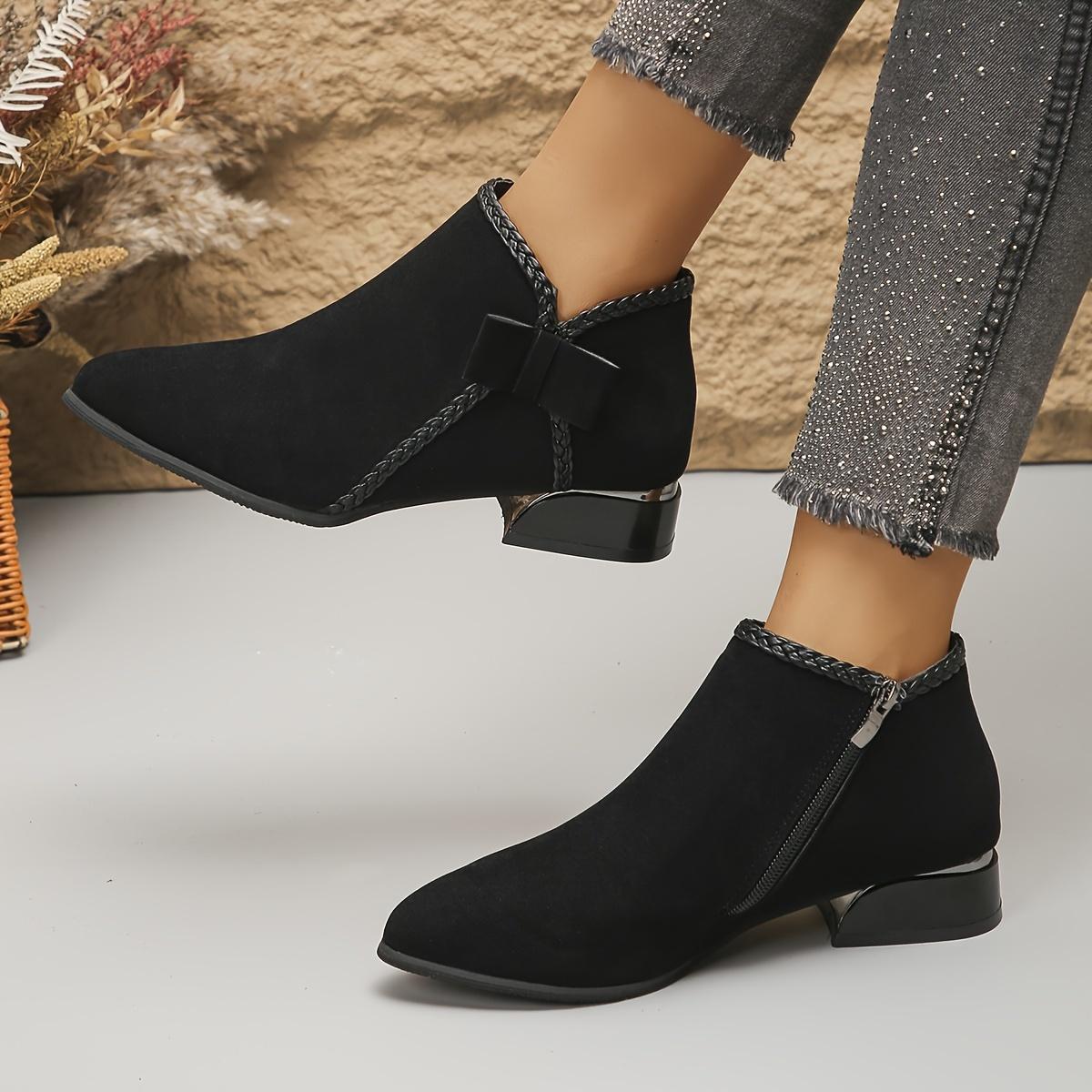 New Autumn/Winter Women's Mid-Heel Ankle Boots, Pointed Toe Single Boot with Bow, Fashionable and Versatile, Chunky Heel, Side Zipper, Women Shoes
