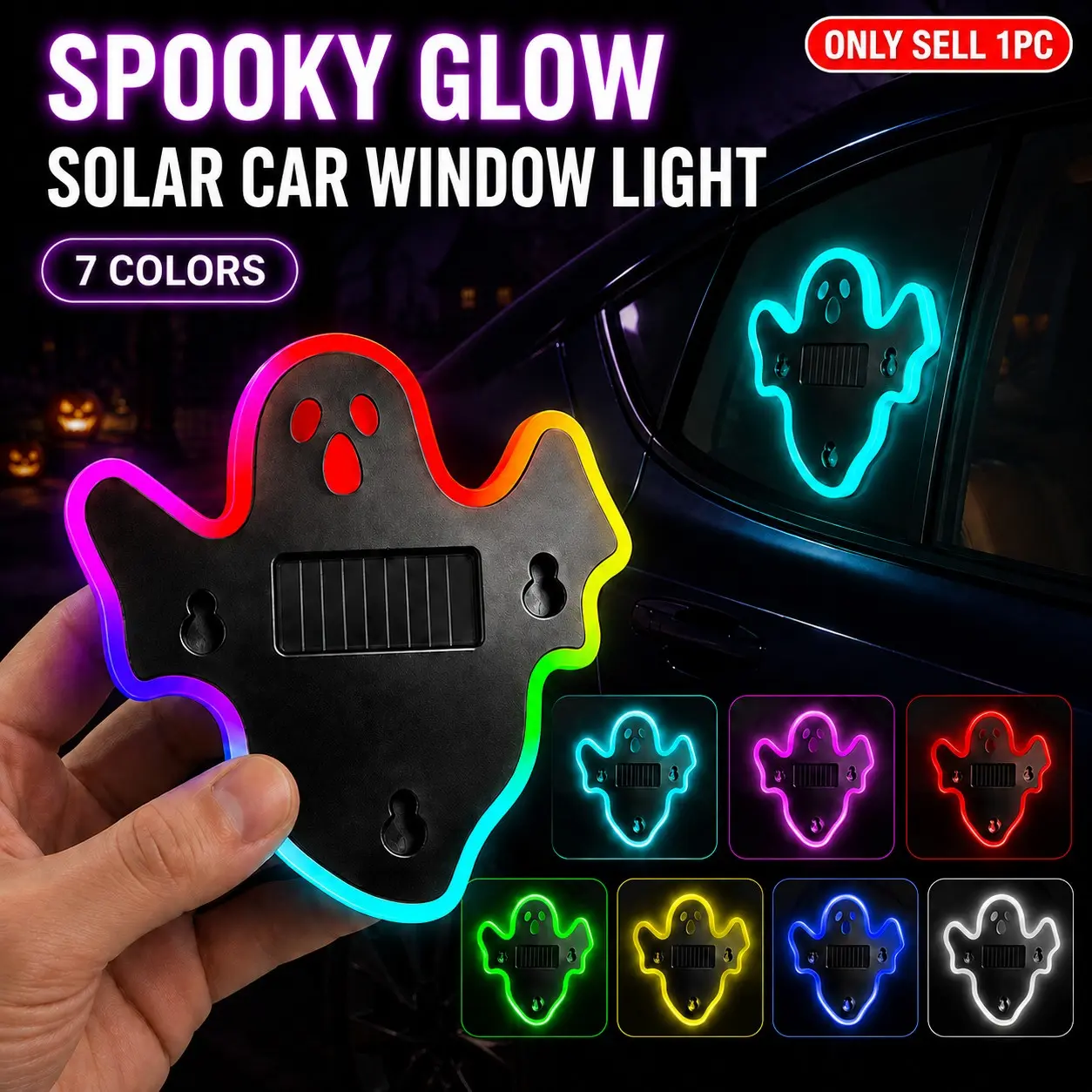 Solar Halloween Ghost Car Window Light, 7-Color LED Spooky Glow, Solar Powered Car Decoration for Windows, Suvs, Trucks, Parties