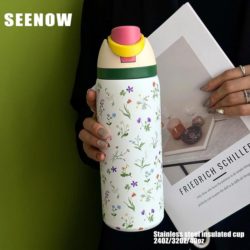 Floral Pattern Stainless Steel Vacuum Flask, 1 Count Portable Insulated Water Bottle with Straw, Leak Resistant Tumbler, Drinking Cup for Home Office School Outdoor Camping, Drinkware