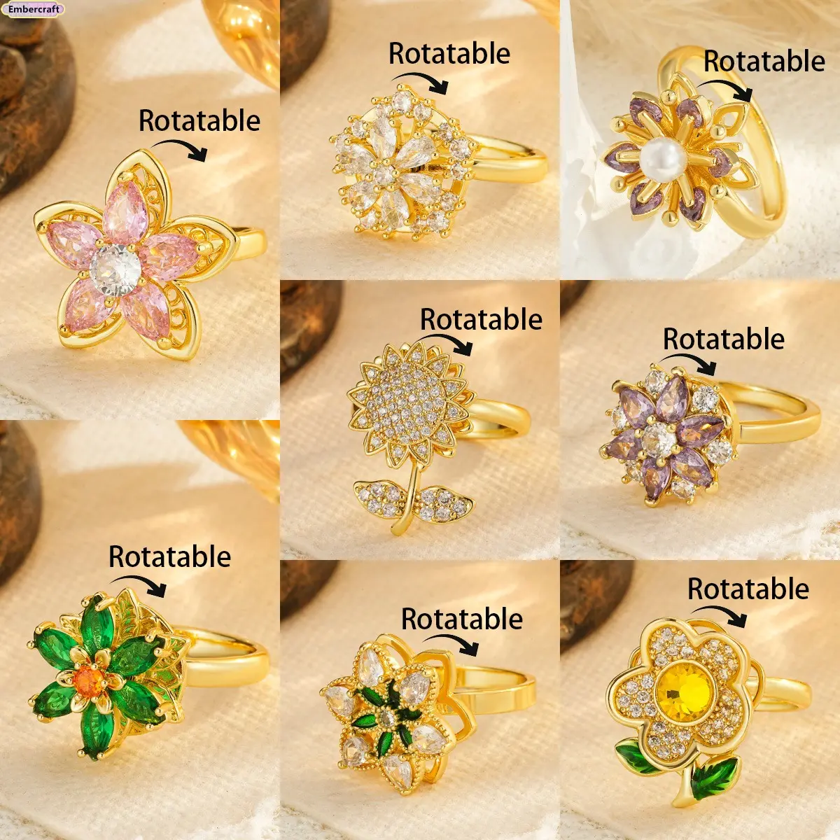 Women's Adjustable Gold-Plated Open Band Viral Aesthetic Flower Rotating Butterfly Ring - Zircon Spinner Stress Relief Anti-Anxiety Fidget Jewelry, Dainty Light Luxury Statement Piece for Everyday Wear, Gift for Her, Stress Relief Jewelry, Adjustable Ring