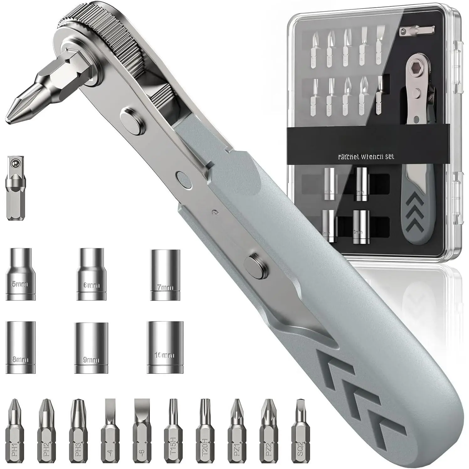 17-in-1 Bearing Steel Right Angle Ratchet Set for DIY Users - Offset Low Profile Ratcheting Screwdriver with Multiple Bits, PH/TPZ Sizes, 5-10mm Socket, SL4.0/SL6.0, Tight Spaces Access, Torque Boost