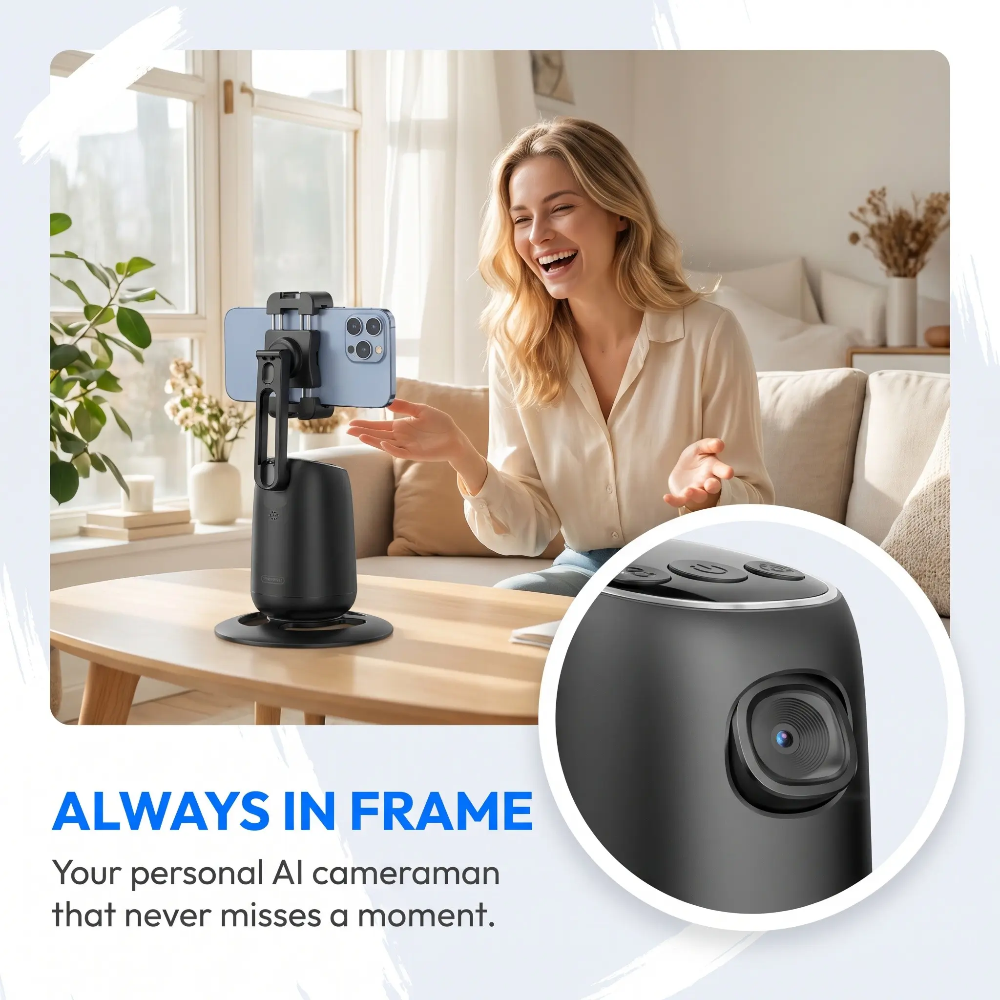 Rechargeable AI Phone Tripod Stand with 360° Auto Face Tracking, Gesture Control & Wireless Remote, No App Required, Ideal for Vlog Shooting Live Streaming Video Recording