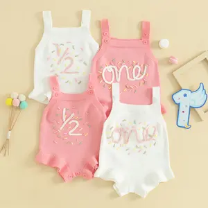 Baby Girl Sleeveless Knit Romper Half and One Birthday Outfit Onesie Cute Baby Girl Summer Clothes Infant Cake Smash Outfit