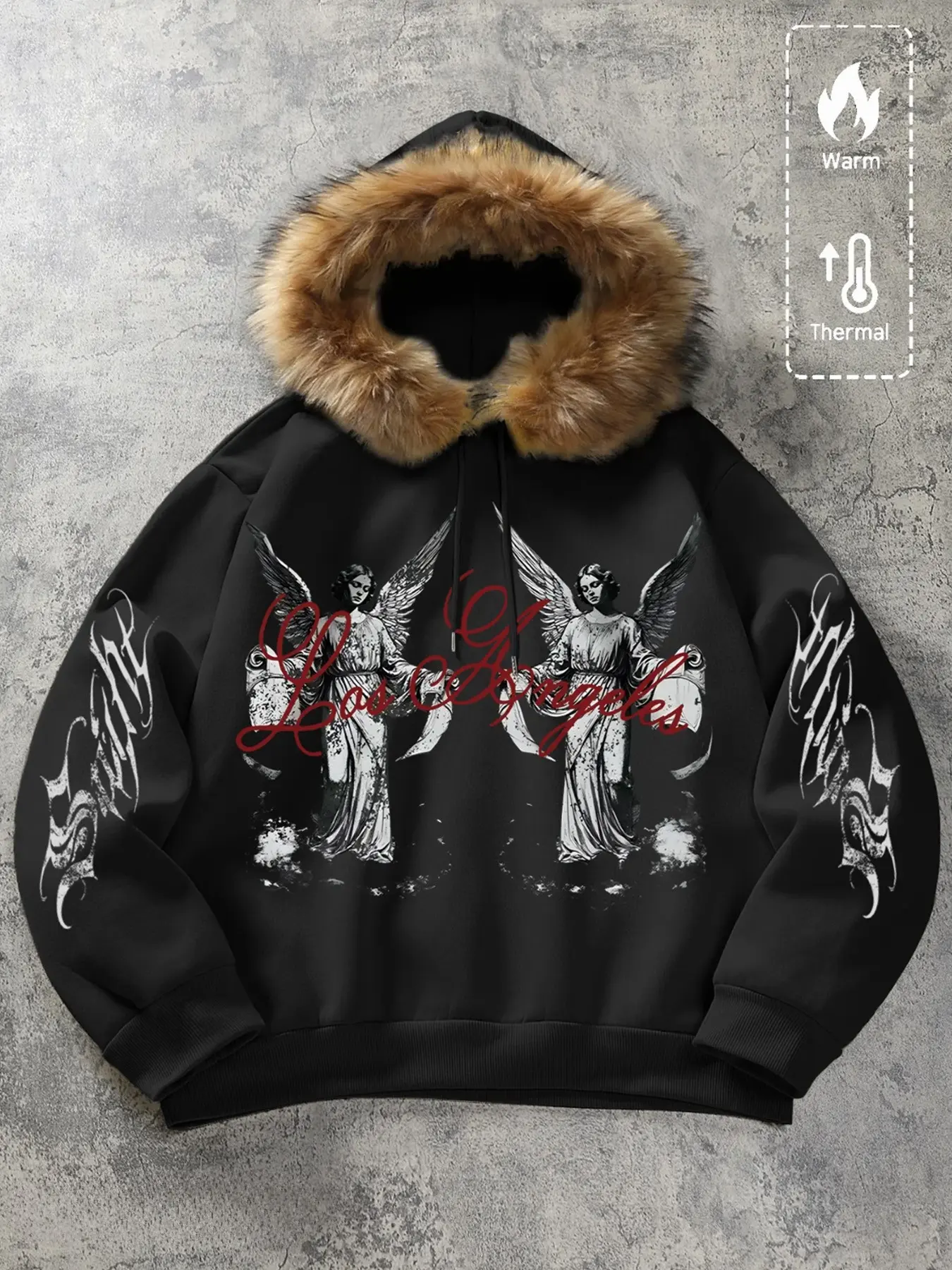 Vintage Twin Angels Los Angeles Script Full Sleeve Gothic Thorns Print Detachable Fur Hooded Sweatshirt, Fall Winter Warmth