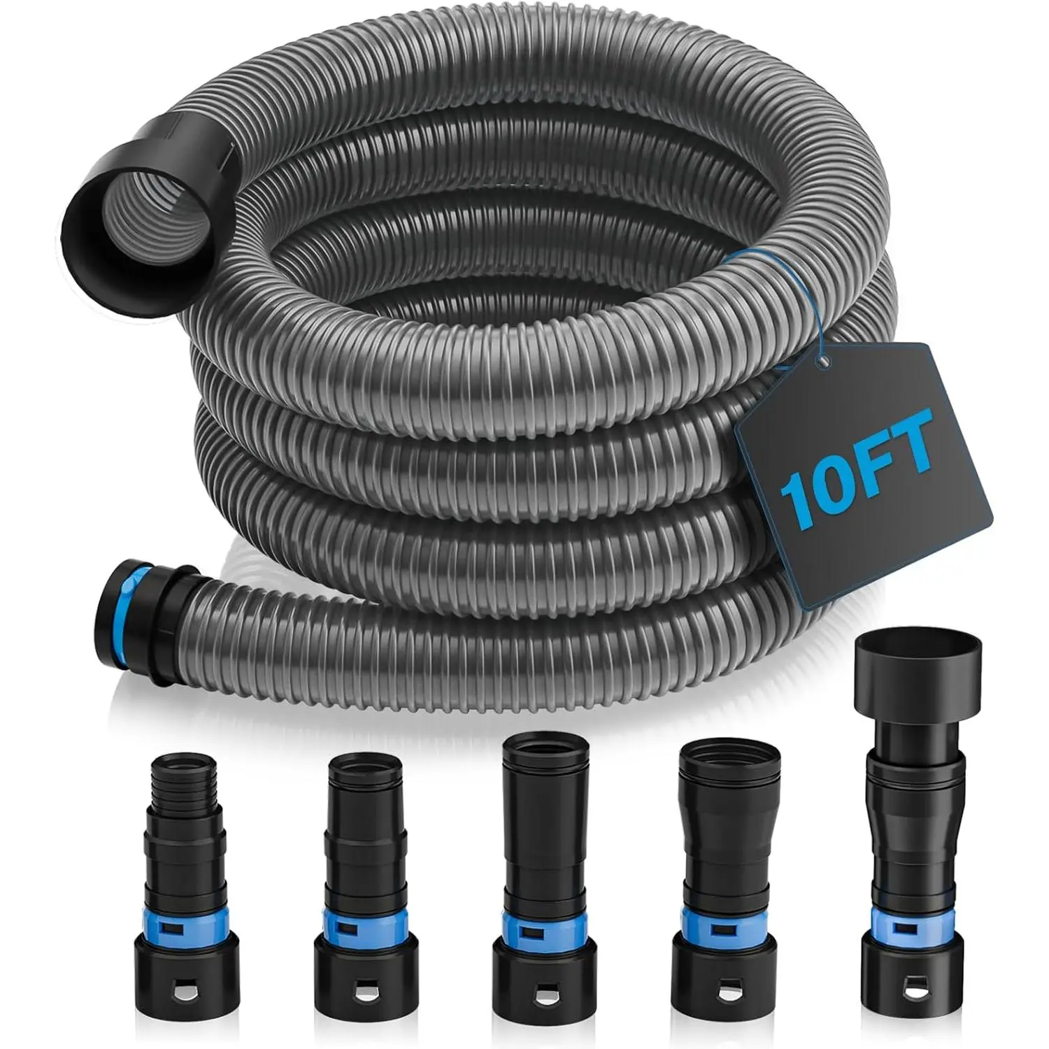 10 Ft Flexible Shop Vac Hose Kit with Quick-Connect Adapters, 1.25″ Hose Compatible with Shop Vac & Table Saws, 5 Adapters Set (1.25″ to 2.25″) for DIY Woodworkers, Five Adapters
