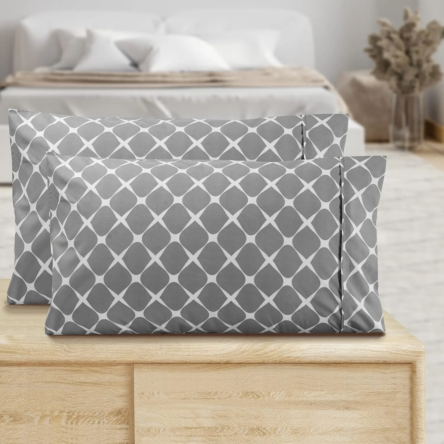 Elegant Pattern Printed Pillowcases 2-Piece Set Quality Microfiber 1500 Count - Classic Soft and Weave, Wrinkle Resistant, Bloomingdale King Pillowcase, Gray