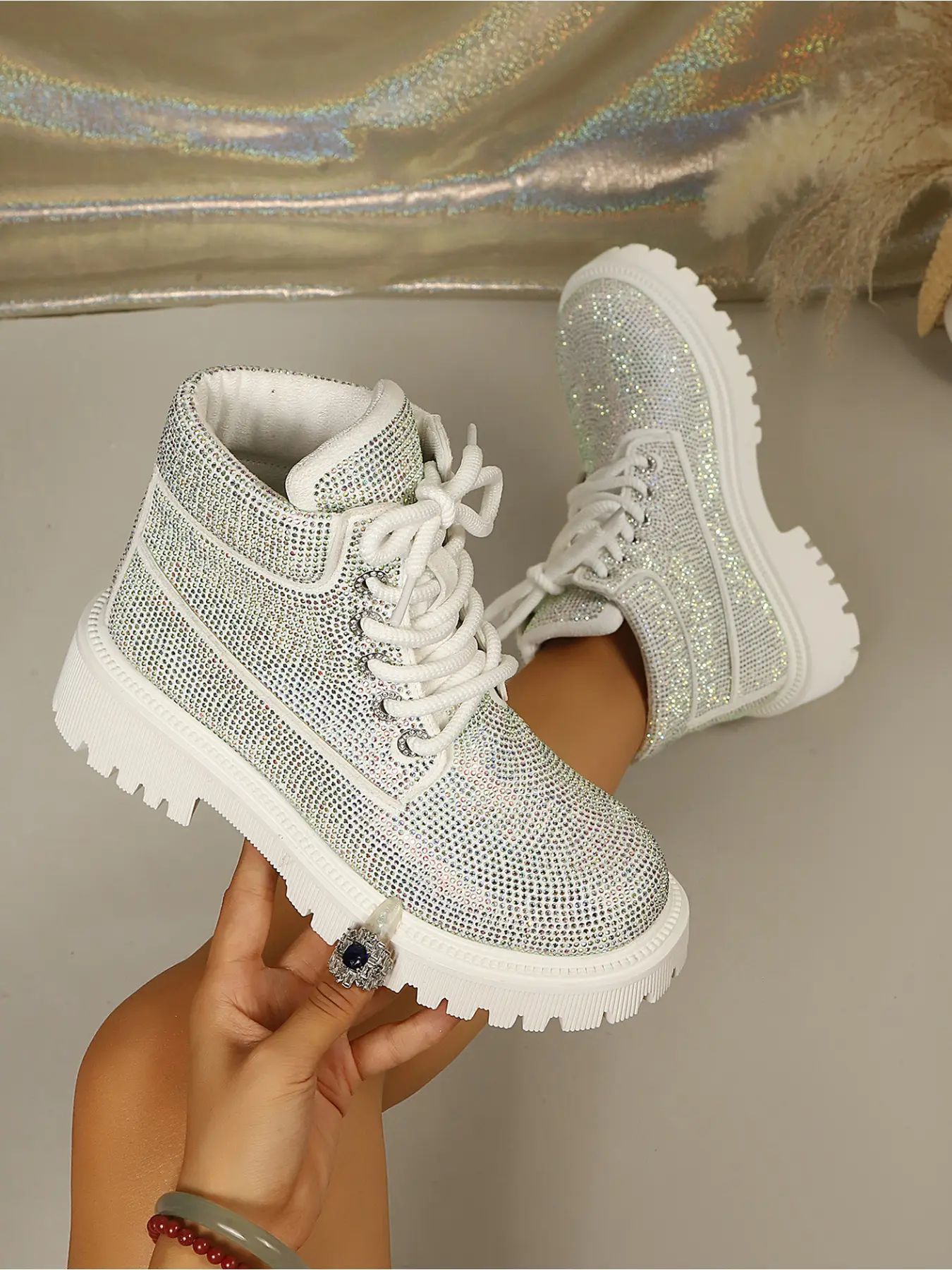 Women's Shoes Bling Sparkly Rhinestone Covered Ankle Booties Lace Up Design Non Slip Lug Sole Trendy Platform Combat Boots For Night Out Street Fall Winter Outfits Fashionable Boots