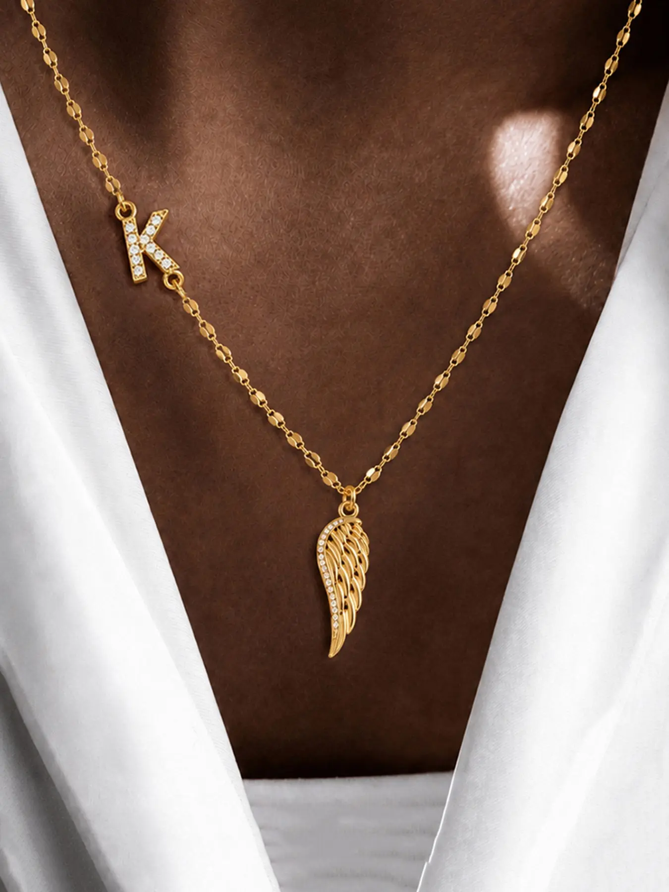 Elegant Zirconia Initial Angel Wing Pendant Necklace, Fashion Stainless Steel Lip Chain, Women's Jewelry Accessory, Letter Necklaces