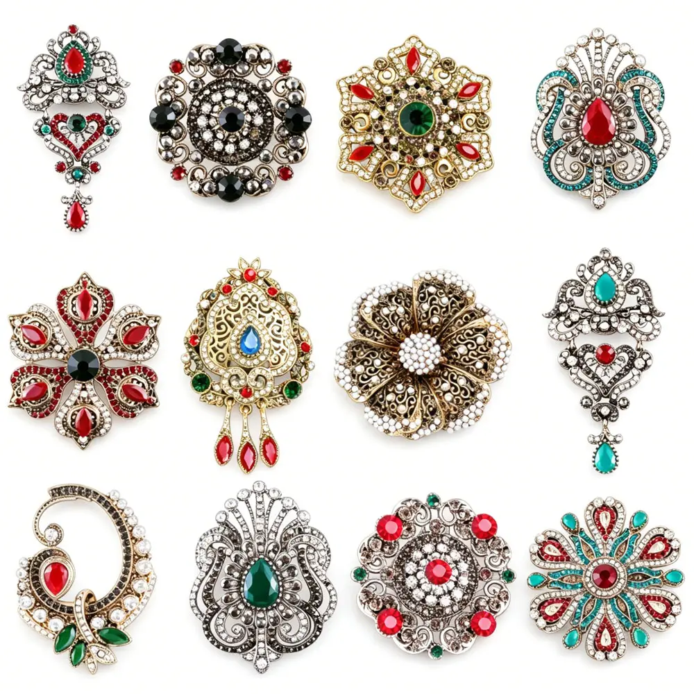 Classic Retro Baroque Brooch 3D Alloy Rhinestone Glass Luxury Ladies' Suit Dress Glittering Brooches Pin Accessories