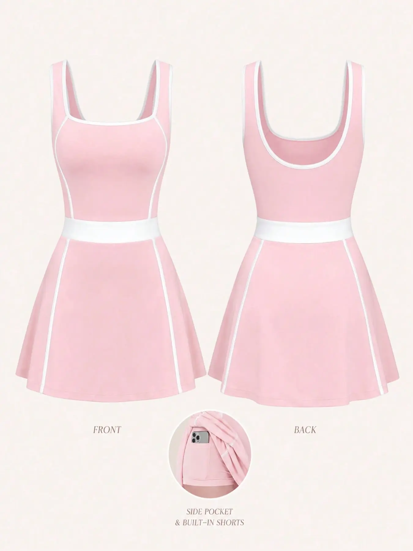 Women's Sleeveless Backless Colorblock Sports Dress, Inner Lined Briefs Shorts + Pocket Design, Waist Color Block Cinched Fashion Casual Gym Wear Sporty Dress, Workout Dress