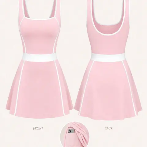Women's Sleeveless Backless Colorblock Sports Dress, Inner Lined Briefs Shorts + Pocket Design, Waist Color Block Cinched Fashion Casual Gym Wear Sporty Dress, Active Dresses, Workout Dress, Exercise Dress, Fitness Workout Dress