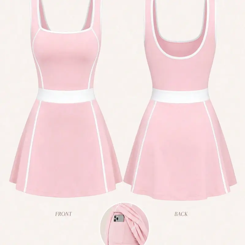 Women's Sleeveless Backless Colorblock Sports Dress, Inner Lined Briefs Shorts + Pocket Design, Waist Color Block Cinched Fashion Casual Gym Wear Sporty Dress, Active Dresses, Workout Dress, Exercise Dress, Fitness Workout Dress