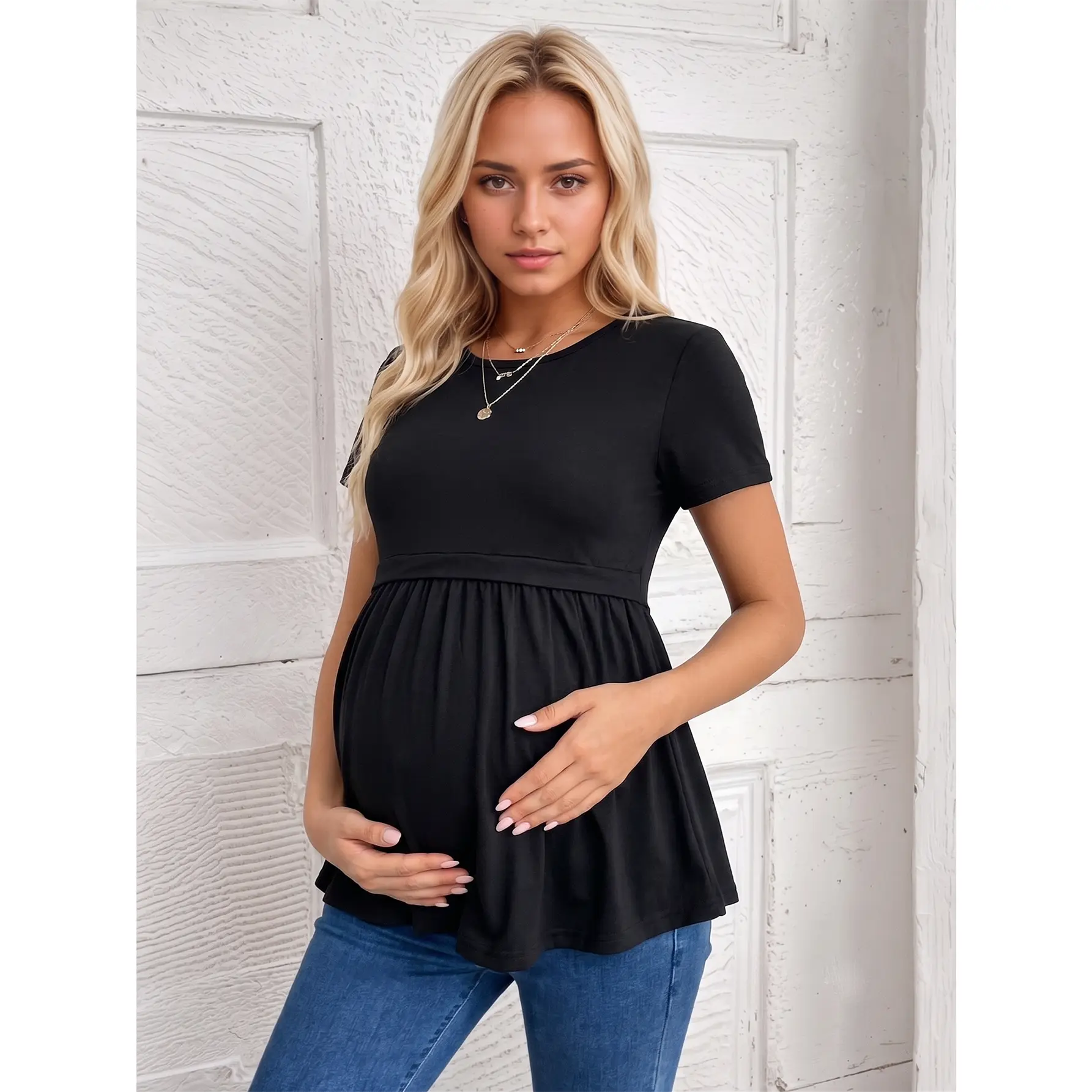 Women's Black Crew Neck Short Sleeve Maternity Top - Summer Casual Sportswear, Maternity Clothing