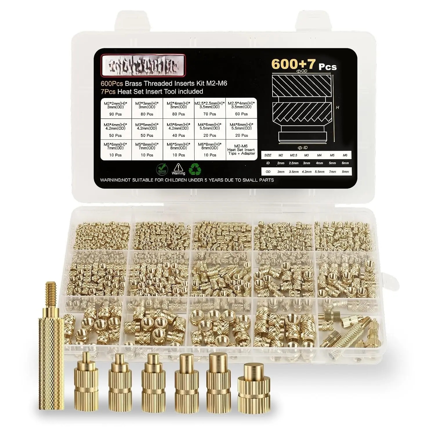 600+7Pcs Brass Threaded Inserts Repair Kits with Heat Set Insert Tools, M2-M6 Sizes Metric Knurled Nuts for 3D Printed PLA/PETG/ABS, Metal Threads for Hobbyists
