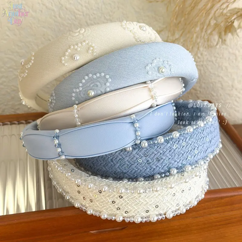 2026 Early Spring French Rose Embossed Pearl Crystal Padded Wide Headbands Women Luxury Elegant Sponge Hair Hoop All-match Hair Accessories For Daily Wedding Tea Party Travel Dating