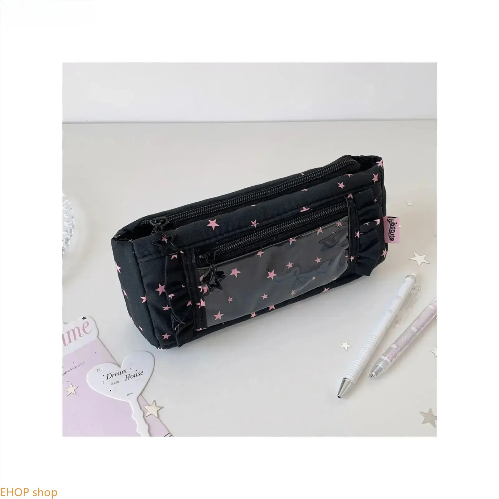 Cute Star Pattern Pencil Pouch with Lace Trim - Aesthetic Candy Color Fabric Organizer for Cosmetics, Stationery, and Travel