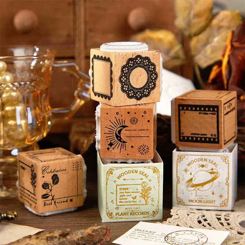Vintage Wooden Stamp Set, DIY Handmade Journal Decorative Stamps, Long Moon Star Series, Three-In-One Design, Perfect for Crafting