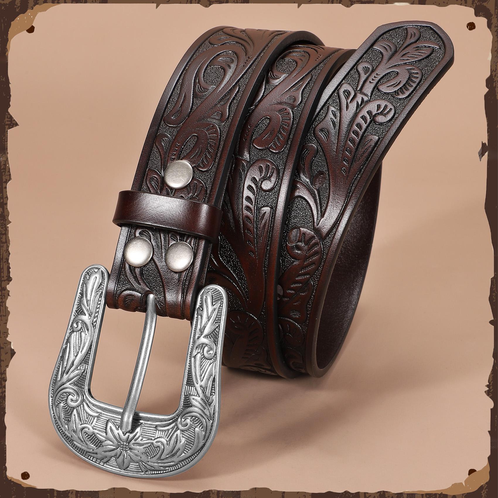 XZQTIVE Western Belts for Women Men Cowboy Cowgirl Floral Engraved Leather Belt Strap Vintage Embossed Buckle Waist Casual  Black Belt