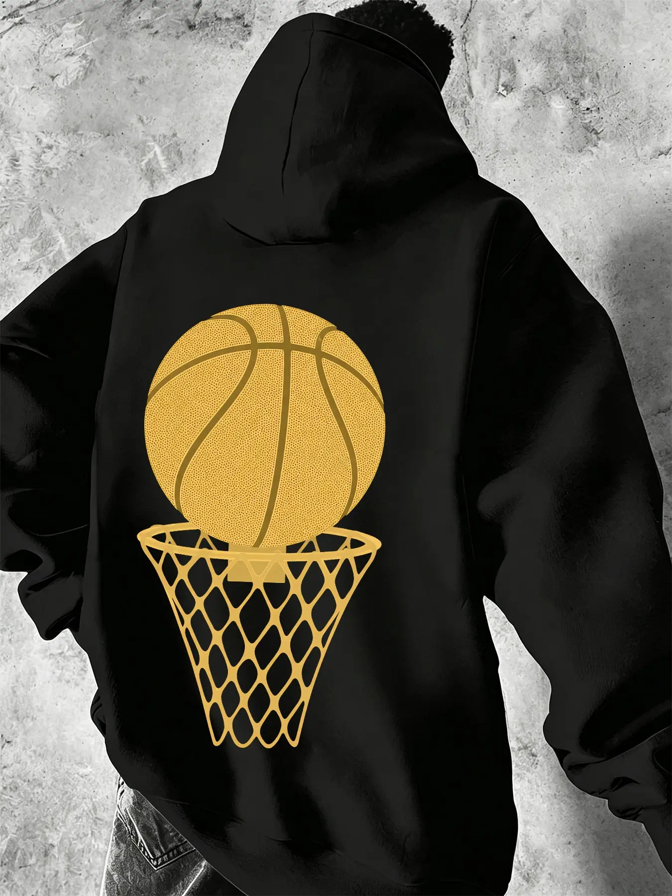 Mcd Oversized Fleece Pullover Hoodie Unisex, Solid Color Basketball Hoop Print, Casual Streetwear for Fall Winter, Hip Hop Layered