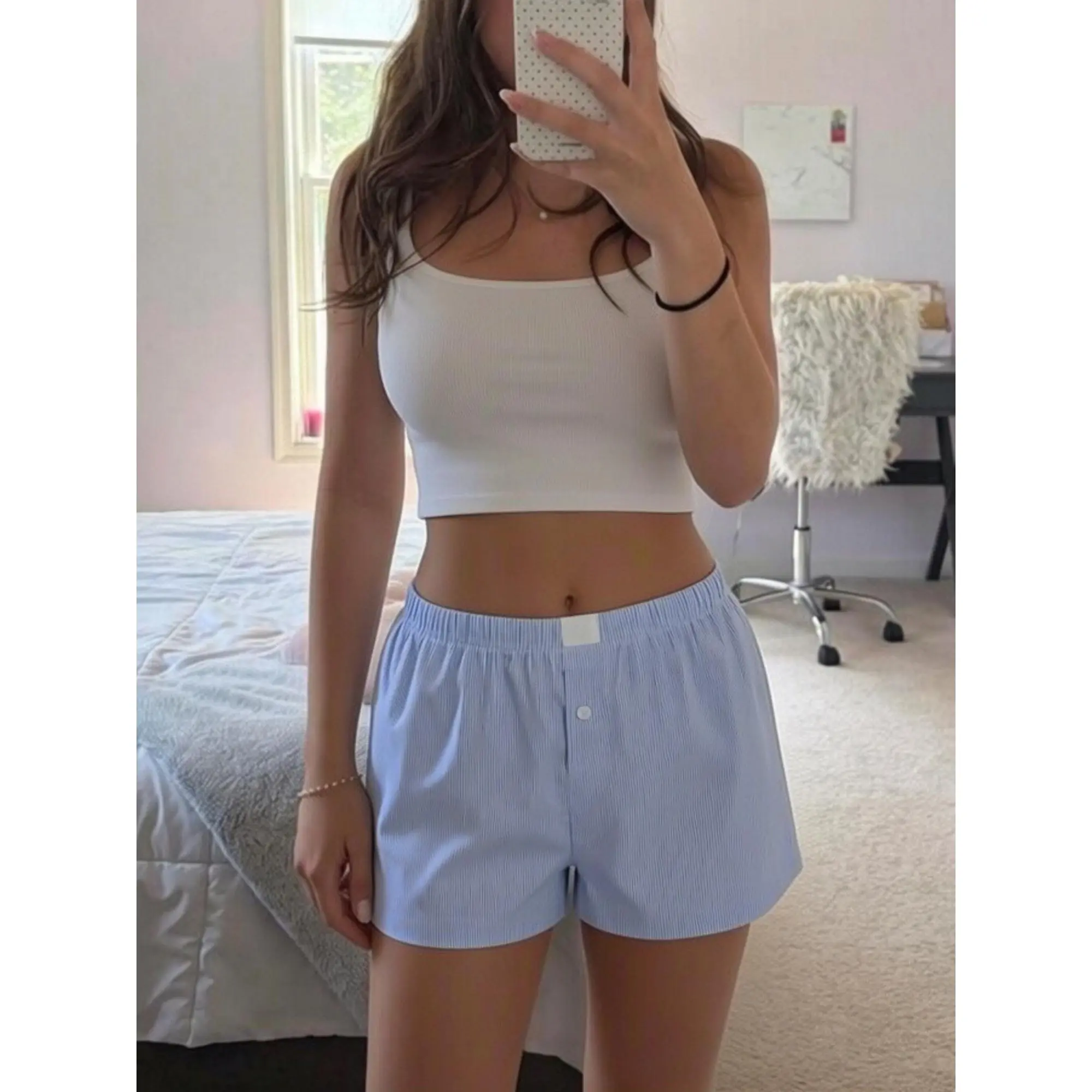 y2k Women Shorts Summer Plaid/Stripe Print Elastic Waist Shorts Streetwear for Daily Date
