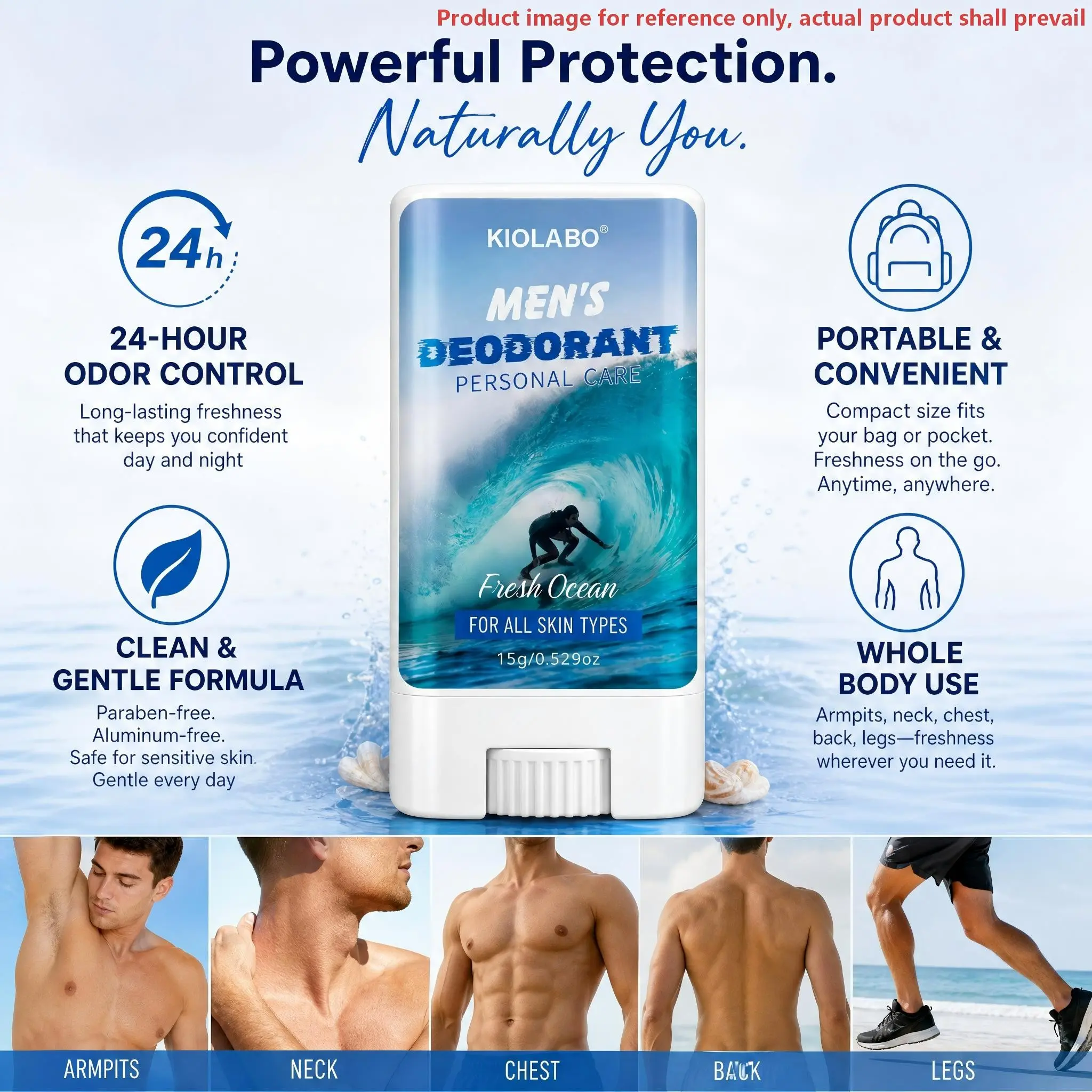 Men's Deodorant Stick, Fresh Ocean Scent, 24H Odor Protection, Aluminum & Baking Soda Free, Travel Size 15g / 0.529oz