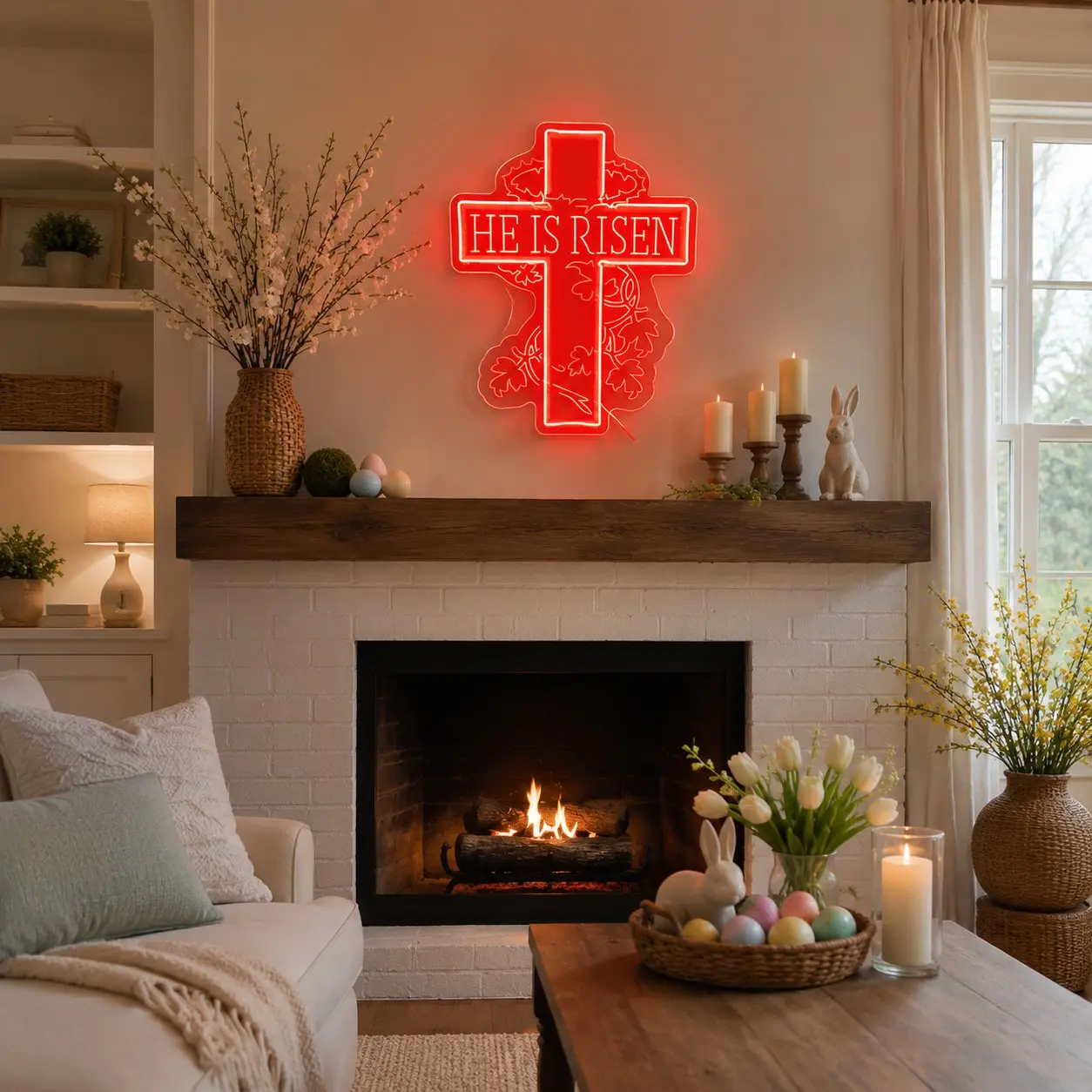 1 Pc He Is Risen Cross Neon Sign, Red Christian Easter Style LED Wall Light, Home Spiritual Decor, Acrylic Hanging Decor with Crown of Thorns and Leaf Details, USB Powered Faith Room Lamp for Church, Prayer Room, Gift for Easter Celebration and Wall Decor