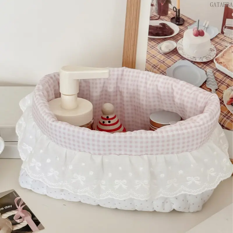 Pink Polka Dot Cute Trim Mini Storage Basket - Aesthetic Look Handmade Snack Holder for Desktop Use, Small Sundries Organizer for Girls (Sports & Outdoor Appropriate Accessory)