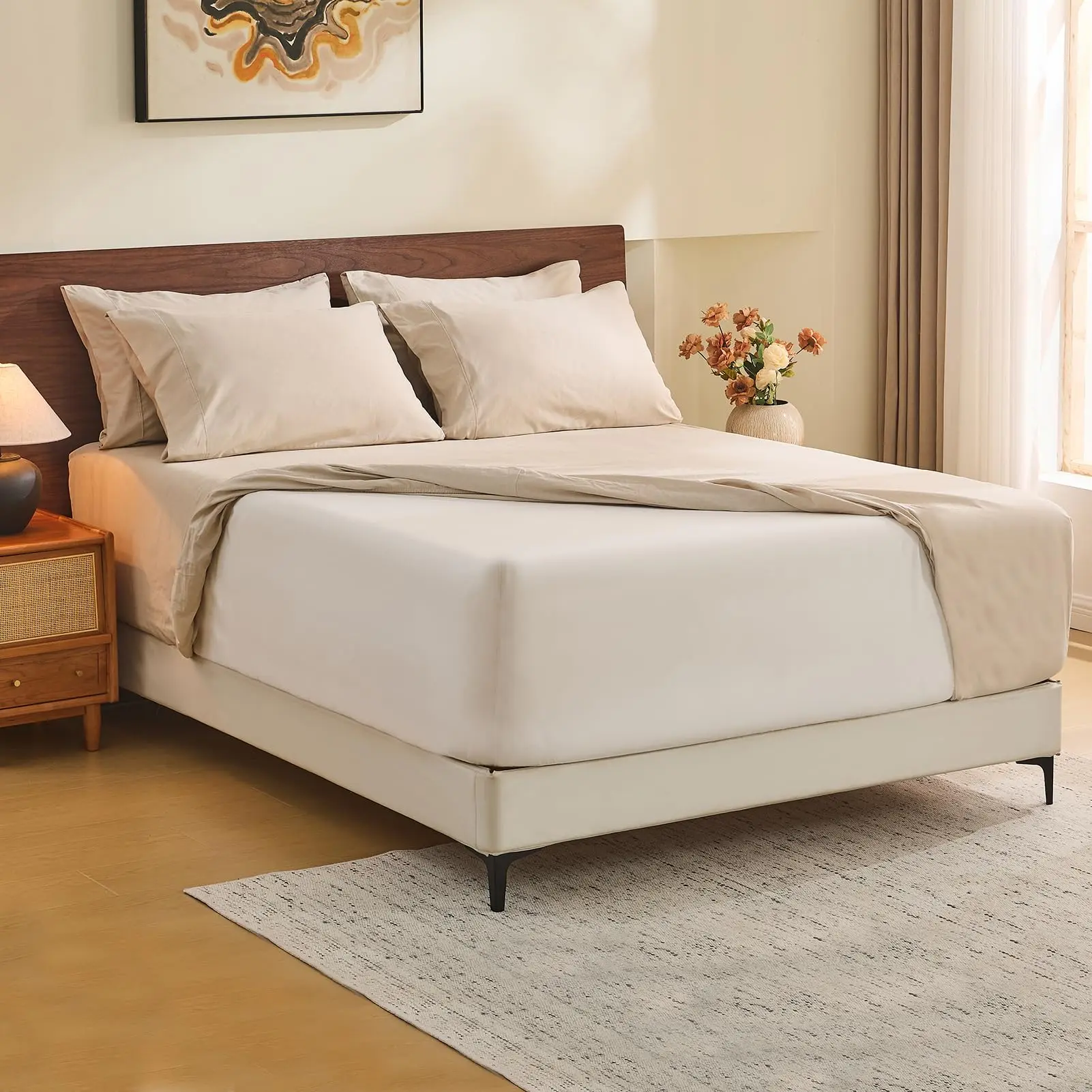 OS OMYSTYLE French Linen Bed Sheet Set of 4 - Cooling Linen Bedding, Breathable Ultra-Soft Flax Fabric, Durable Anti-Tear, 16" Deep Pocket, Easy Care for Hot Sleepers