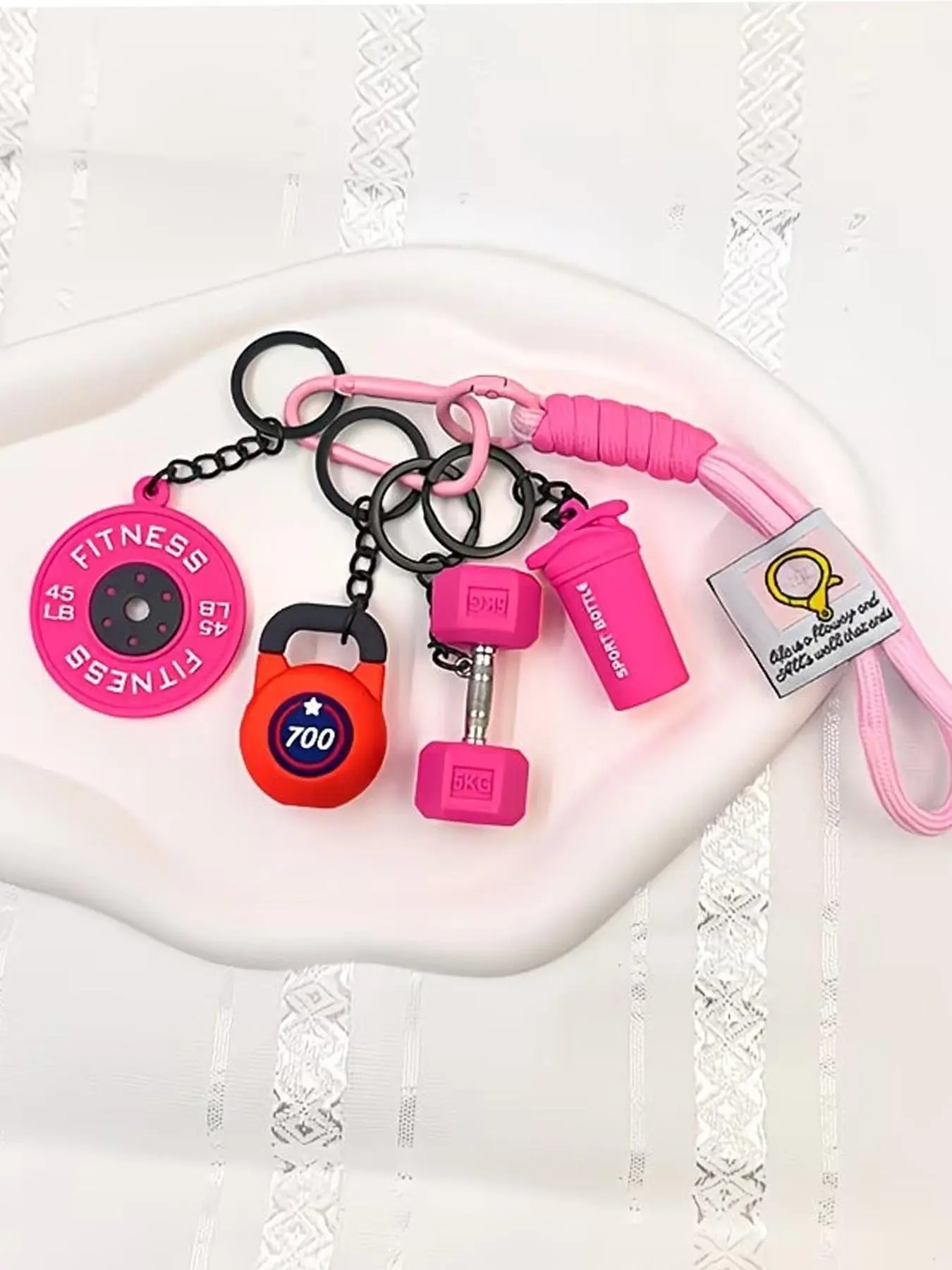 4Pcs Mini Fitness Gear Braided Lanyard Keychain Gift Set, Keyrings For Keys, Complete Dumbbell Kettlebell Weight Plate Shaker Bottle Silicone Charm, Sport Souvenir Gift for Gym Enthusiasts Birthday Gym Opening Present