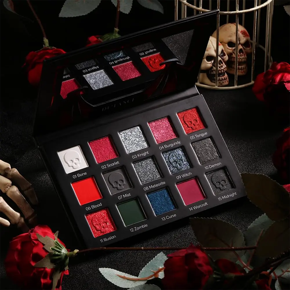Red & black eyeshadow palette with black-silver glitter. Burgundy smoky and creamy matte shades. Perfect for gothic, clown, vampire looks on Halloween and Christmas, eyeshadow powder