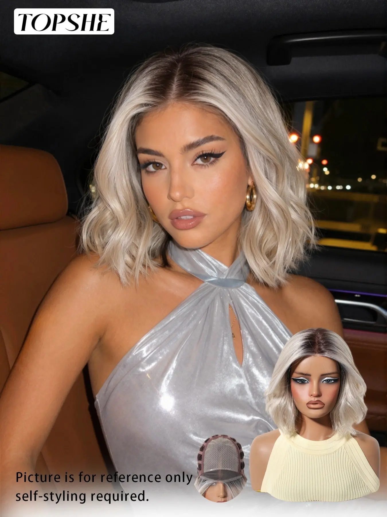 Topshe Mono Base Short Bob Wig, Dark Root Ombre Cream Blonde Loose Wave Bob, Heat Resistant Synthetic Hair