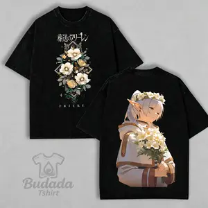 Men Aesthetic Manga Sousou no Frieren Washed Black T-Shirt Double Sided Print Frieren Flower Crown White Rose Graphic Short Sleeve Tee Aesthetic Anime Elf Mage Streetwear Casual Top Frieren Beyond Journey's End Floral Vintage Tshirt