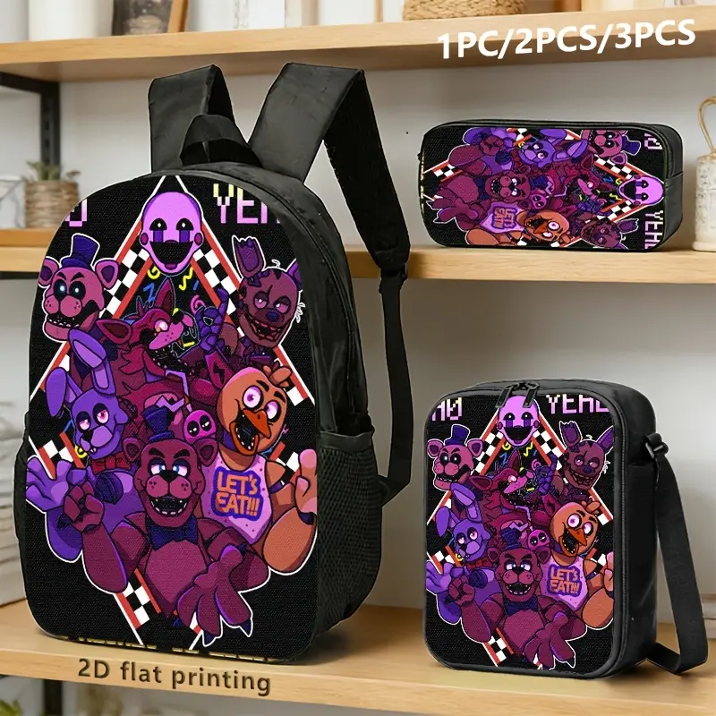 Black Backpack Set - 1 or 3 Pieces (Backpacks, Lunch Bags, Pencil Cases) with Neon-Exaggerated Cartoon Characters, Purple-Black Color Scheme, Checkerboard & Geometric Backgrounds
