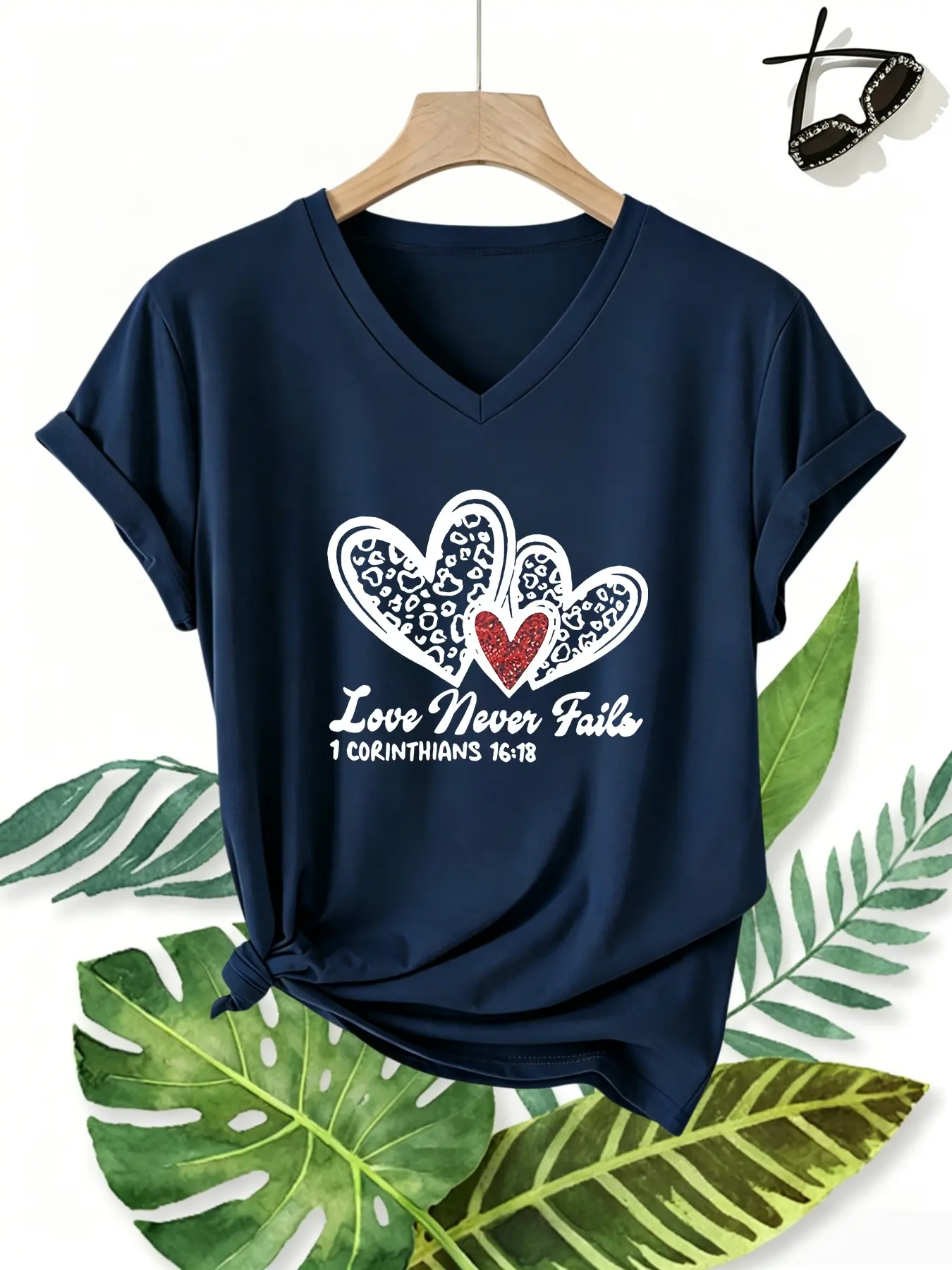 Women's Short Sleeve T-Shirt, Heart Print Design, Casual V Neck, Love Never Fails Slogan, Perfect for Daily Wear