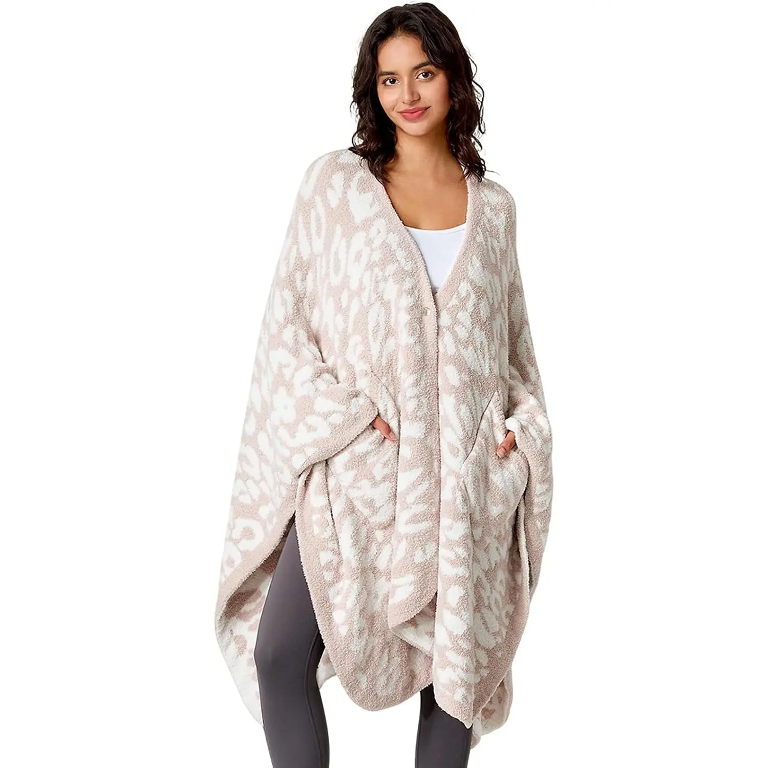 Wearable Blanket Poncho, Blanket Shawl Wrap with Pockets | Ultra Soft Plush Reversible Blanket Cape with  Snaps, Cozy Gifts for Women Mom Adult, Leopard Khaki,  Size 53"X63"