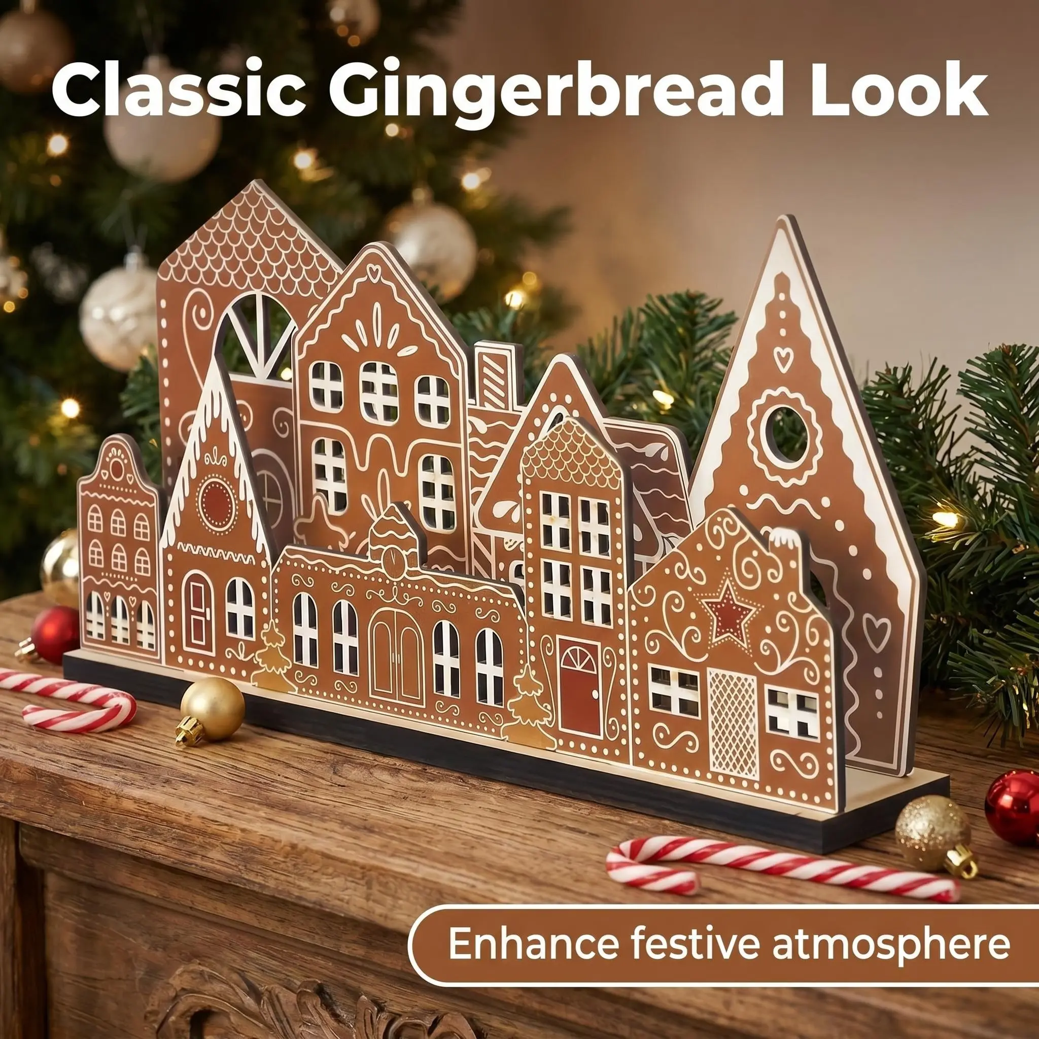 1 piece Christmas Gingerbread House Wooden Tabletop Decor, Wooden Village Houses Xmas Mantel Centerpiece, Farmhouse Winter Holiday Wooden Table Sign for Home Fireplace Decor, Christmas Decorations