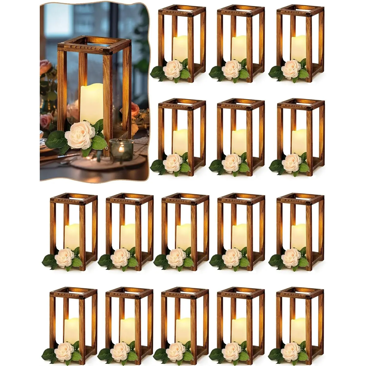 32 count/16 Set Wooden Wedding Lantern Centerpiece Include  Candle Holders and Flameless LED Candles for Rustic Wedding Table Decoration