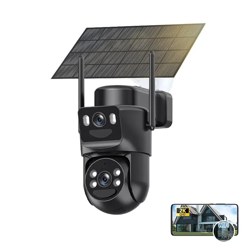 Outdoor Dual Lens Solar Security Camera, 2k Full HD Video, 360° Pan/tilt, Color Night Vision, Easy Install, Pir Alarm, Home Security Cam