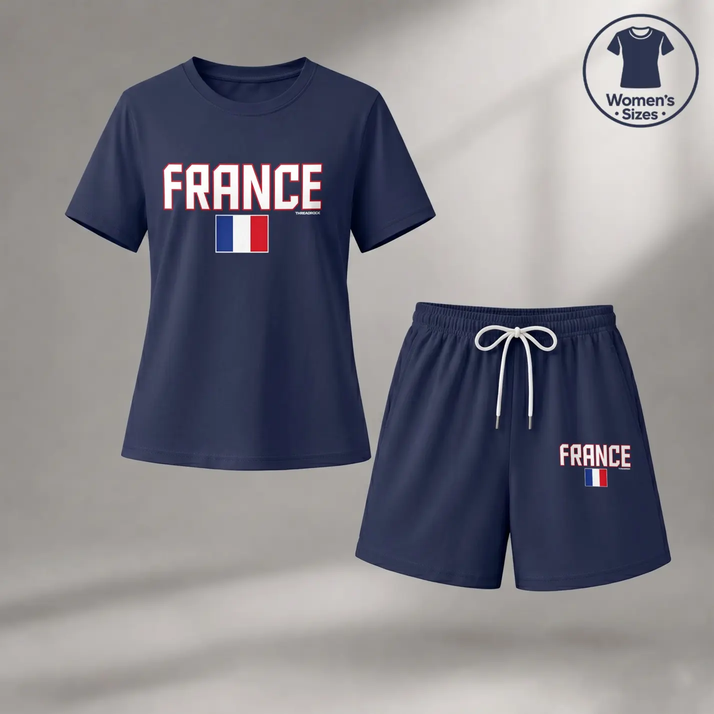 Women's France Flag Graphic 2-Piece Outfit - Short-Sleeve Crew Neck T-Shirt & Drawstring Shorts Set, Minimalist Loose Comfortable Fabric Summer Lounge Wear for Daily Use & Travel, Shortsleeve, Round Neck, Women's Clothes, Leisurewear Short & Top Sets