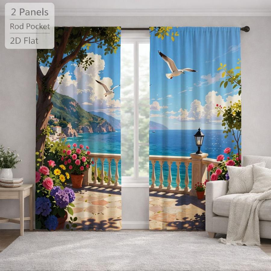 2Pcs Mediterranean Coastal Seascape Seagull Balcony Pattern Sun Blocking Curtains Digital Printed Rod Pocket, Window Treatment For Bedroom Office Kitchen Living Room Study Home Decor