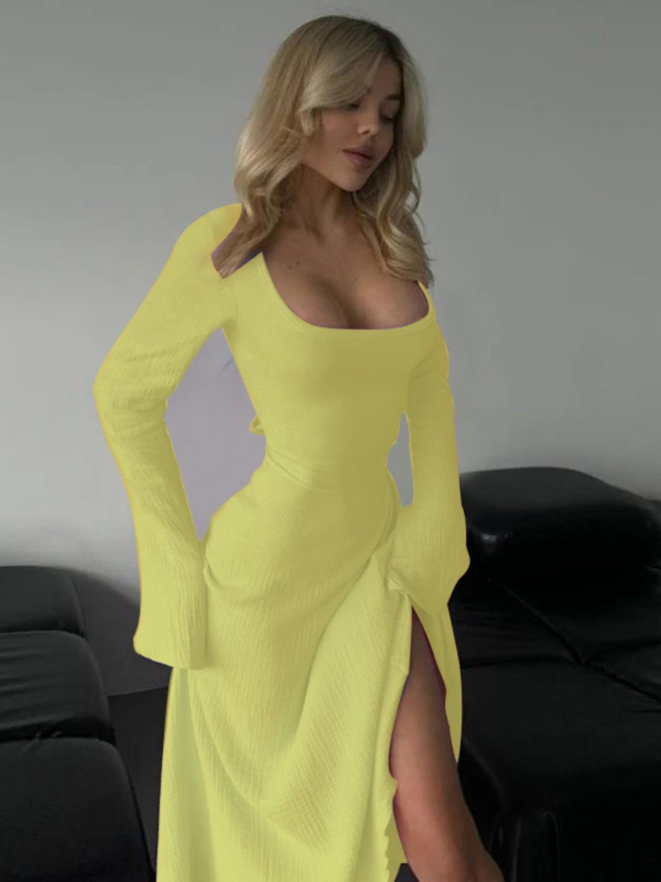 Women's Plain Lace Up Tie Back Flounce Sleeve Dress, 1 Count Elegant Square Neck Long Sleeve A Line Dress for Formal Party Holiday Wedding Guest, Ladies Spring&Fall Clothes