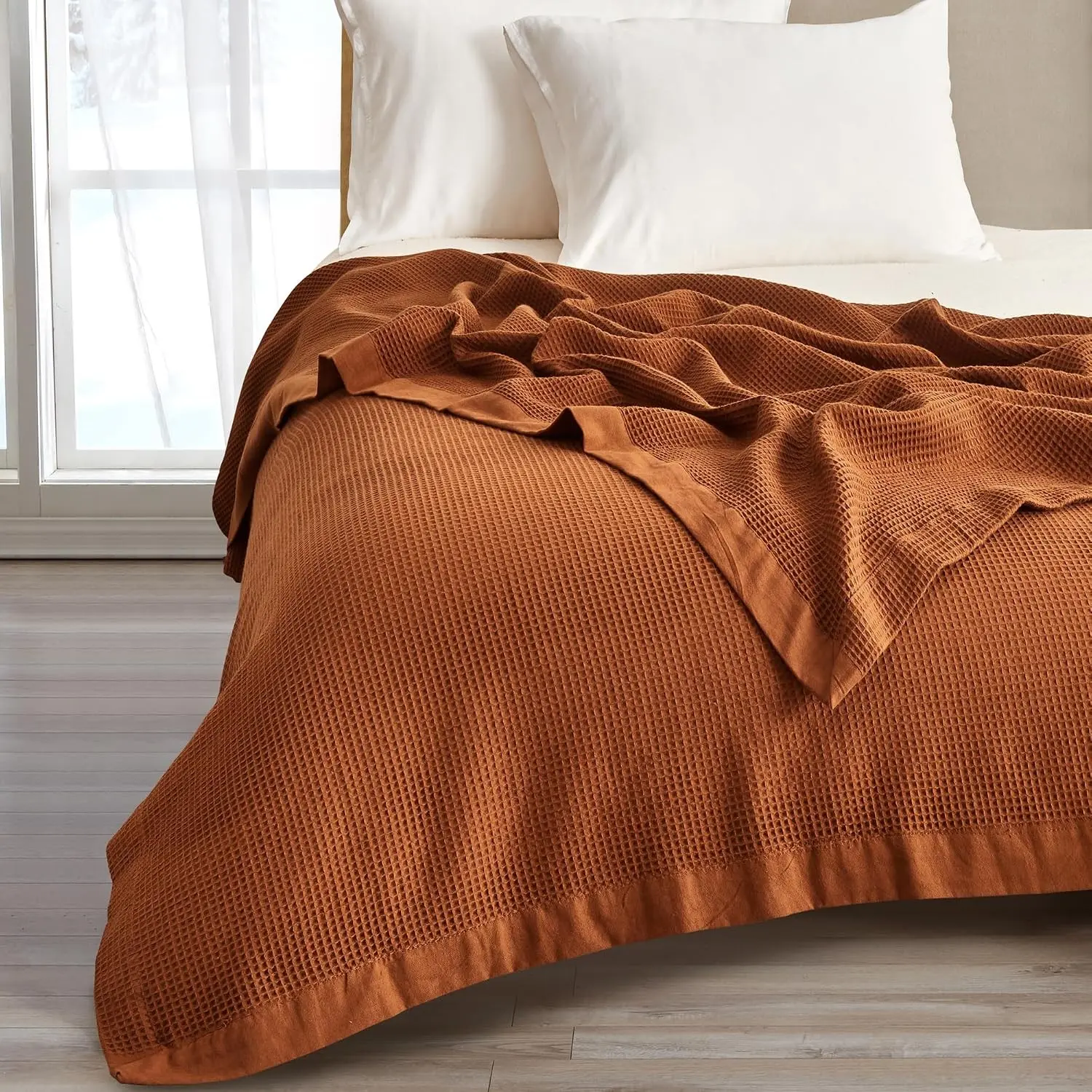 Great Bay Home 100% Cotton Waffle Weave Blanket, Full/Queen Size 90x90 Inches, Lightweight Breathable Terracotta Orange Blanket for Spring & Summer, Versatile Layering Bed Blanket