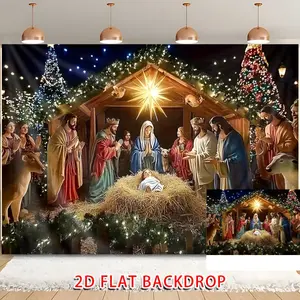 Nativity Scene Starry Night Angels Manger Bethlehem Backdrop Religious Tapestry Wall Hanging Photography Background Christmas Party Church Family Decor Polyester Fiber
