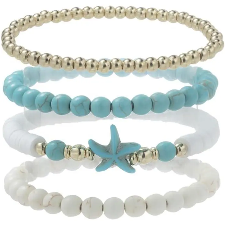 Fashion Seashell Surfer Bracelets Sets Cute Boho Starfish Beads Elastic Stackable Turquoise Bracelet for Women Friendship Adjustable  Summer